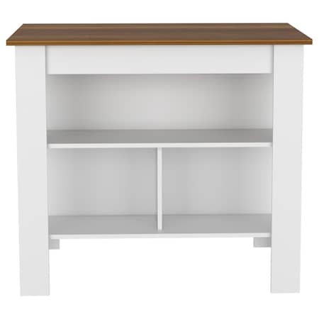 Tuhome Cala Kitchen Island, Four Legs, Three Shelves, White/Walnut ABC5530